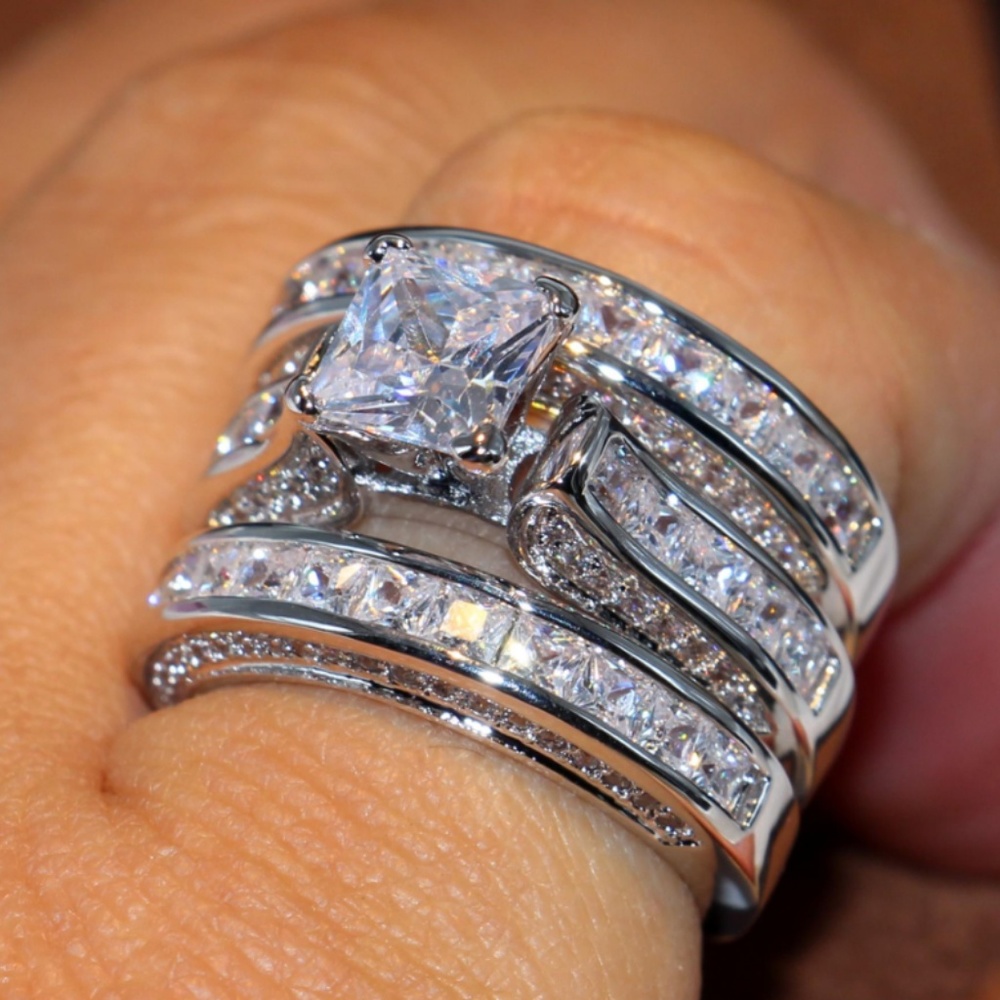 NEW 925 Silver Diamond 3PC Engagement Ring Set Z - Picture 2 of 3
